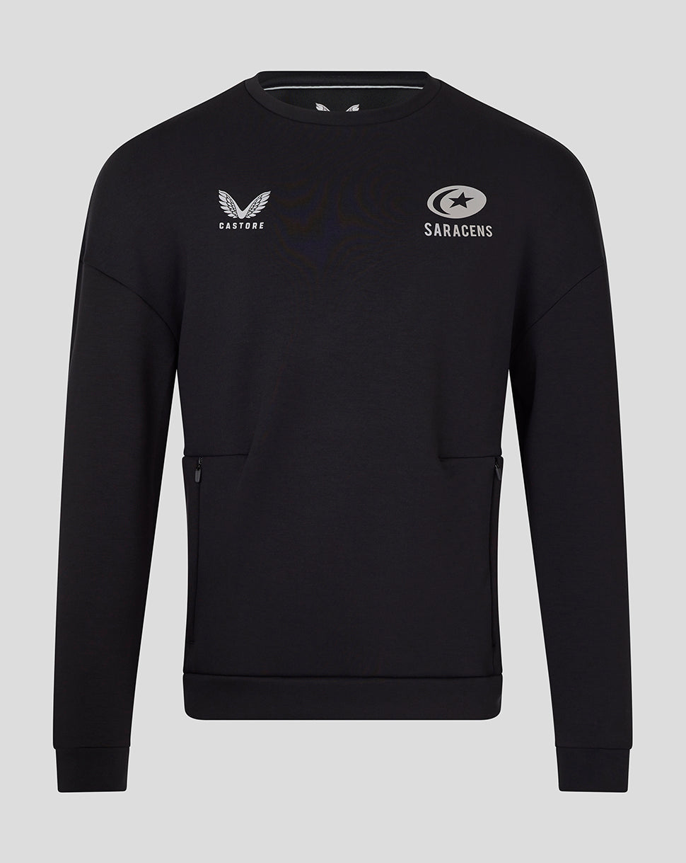 Front view of black Saracens travel sweatshirt with CASTORE and SARACENS logos and side zip pockets.
