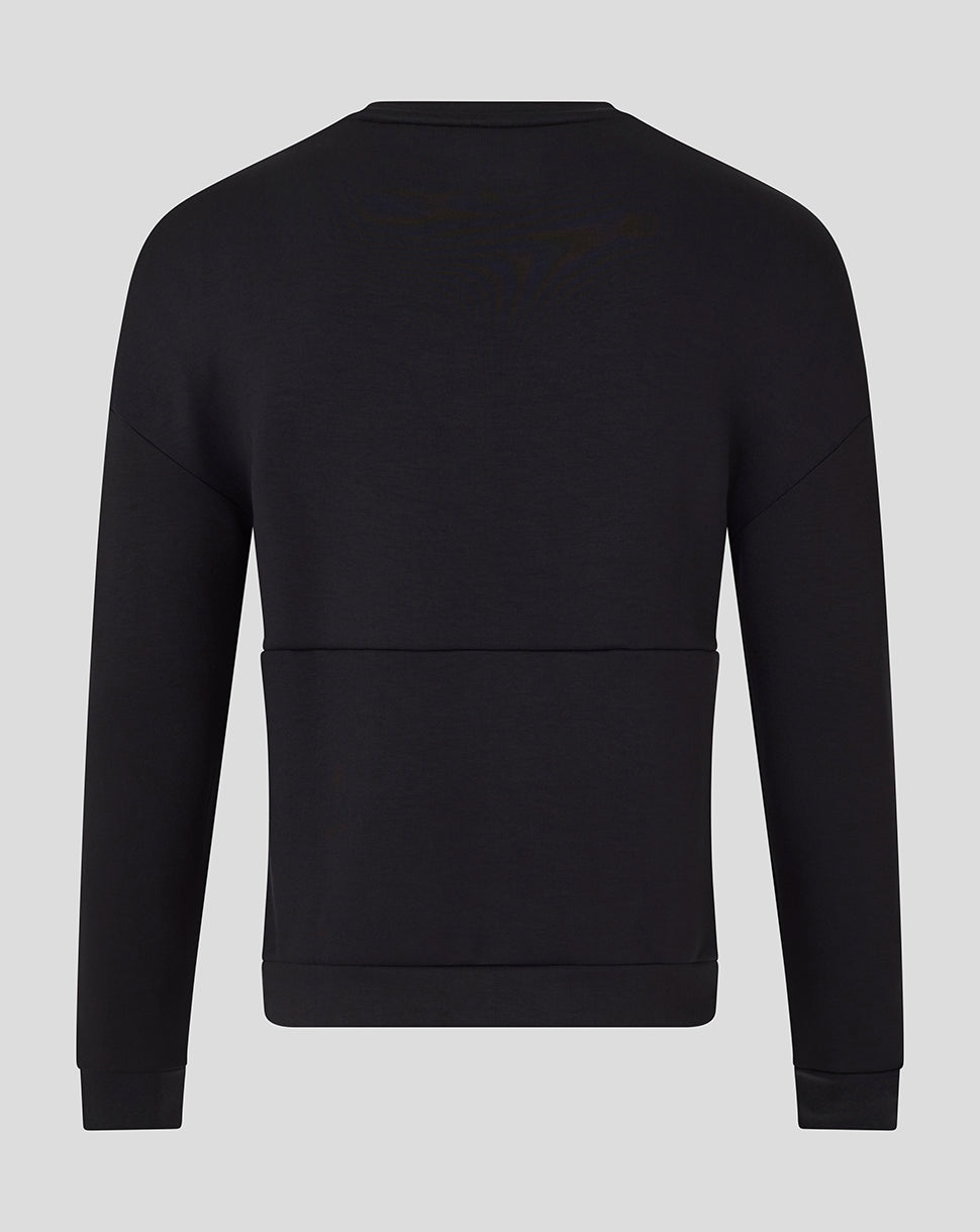 Back view of black Saracens travel sweatshirt with minimal branding at upper back.