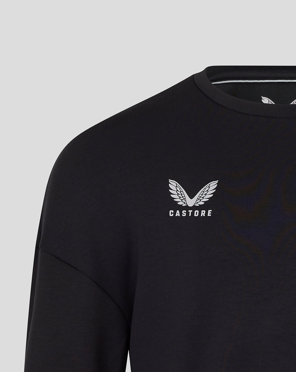 Black Saracens travel crew sweatshirt with Castore wing logo on chest.