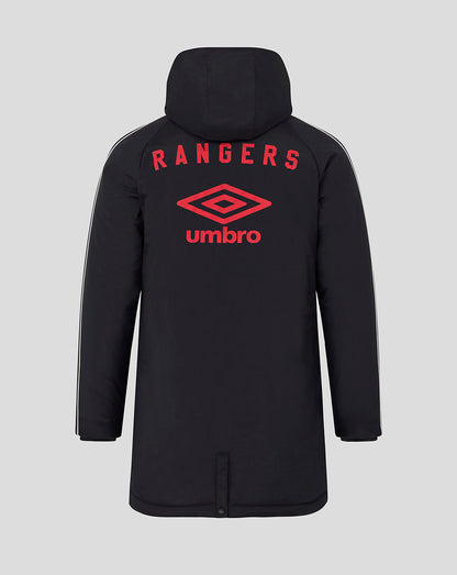 Back view of black Rangers travel bench jacket with bold red Rangers text and Umbro emblem