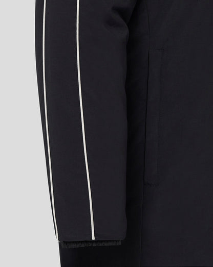 Sleeve detail of Rangers Travel Bench Jacket Caviar with white piping along the arm.