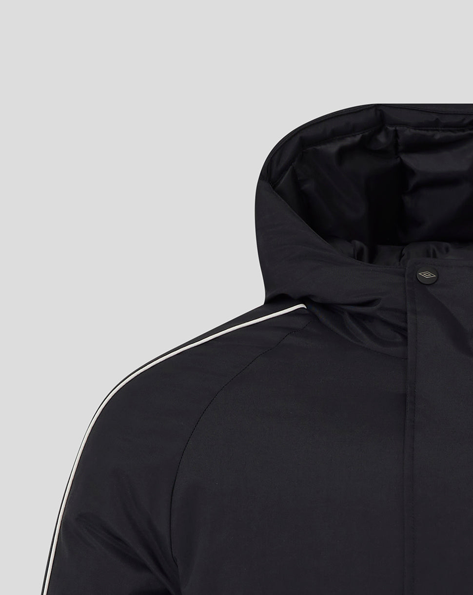 Hood and shoulder detail of Rangers Travel Bench Jacket Caviar with white piping along seam.