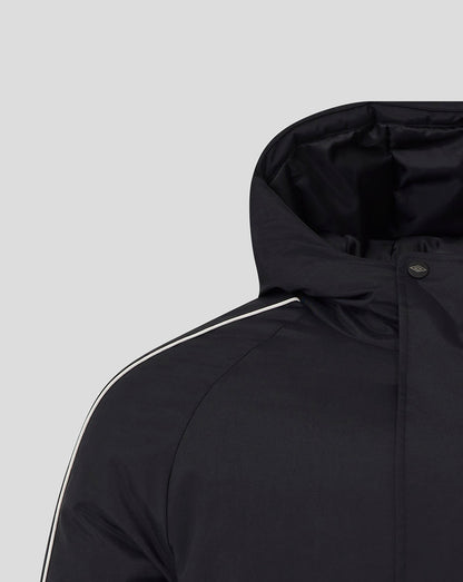 Hood and shoulder detail of Rangers Travel Bench Jacket Caviar with white piping along seam.