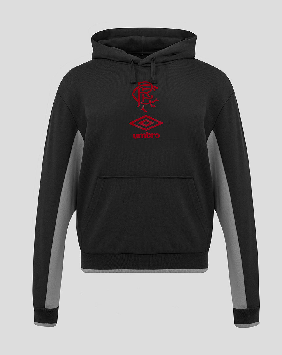 Front view of black Rangers travel hoodie with grey side panels, drawstring hood and red club crest plus Umbro logo.