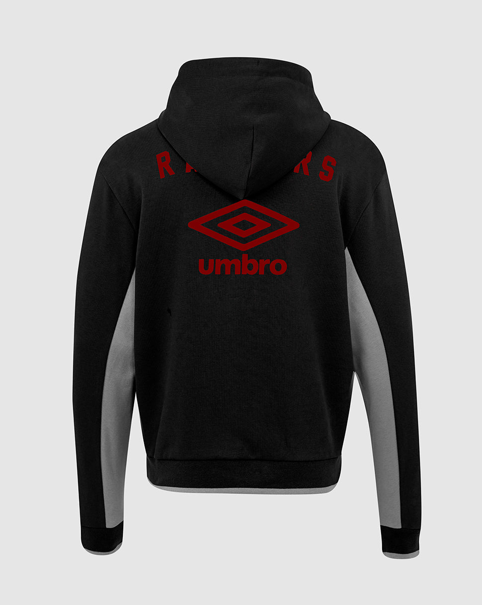Back view of black Rangers travel hoodie with red club crest and Umbro logo on the back.