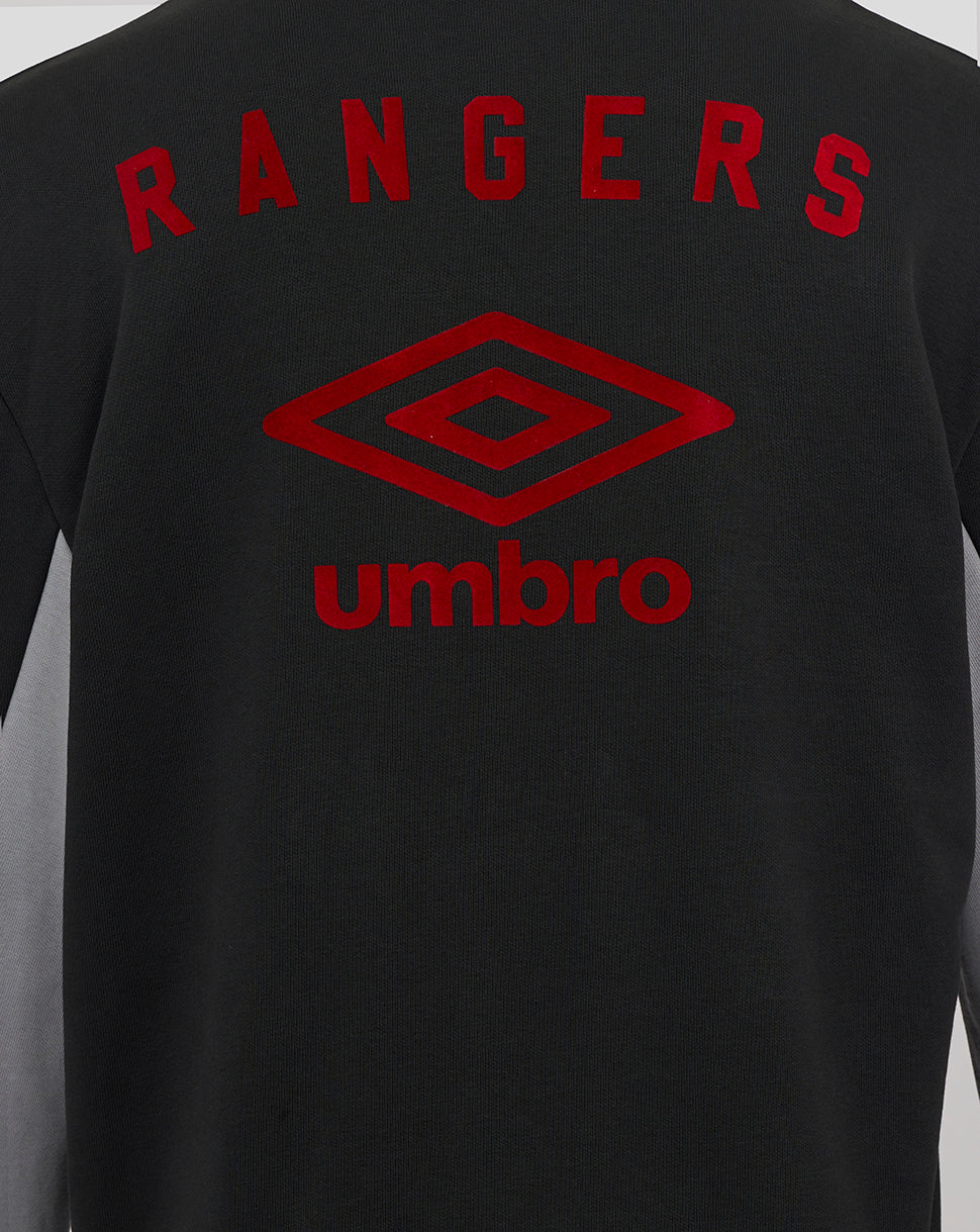 Back view of Rangers Adults 25/26 Travel Hoodie in black with red Rangers lettering and Umbro logo