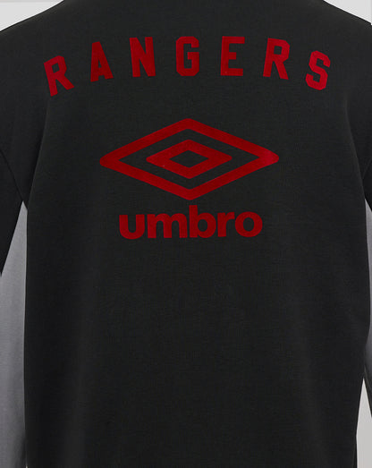 Back view of black Rangers hoodie showing curved RANGERS lettering and red Umbro emblem