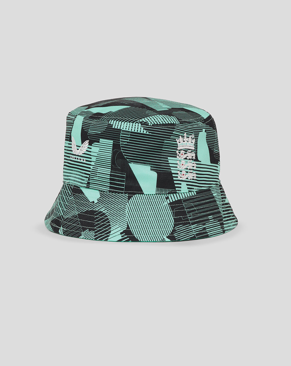 Front view of turquoise reversible bucket hat with abstract pattern and England crest.