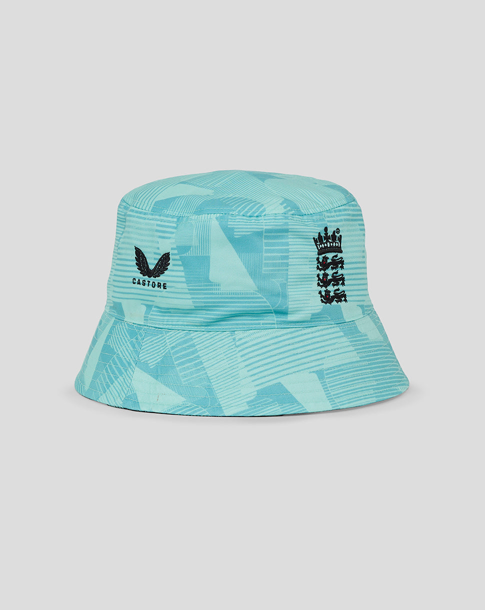 Turquoise reversible bucket hat shown from a slight angle with Castore logo and England crest.