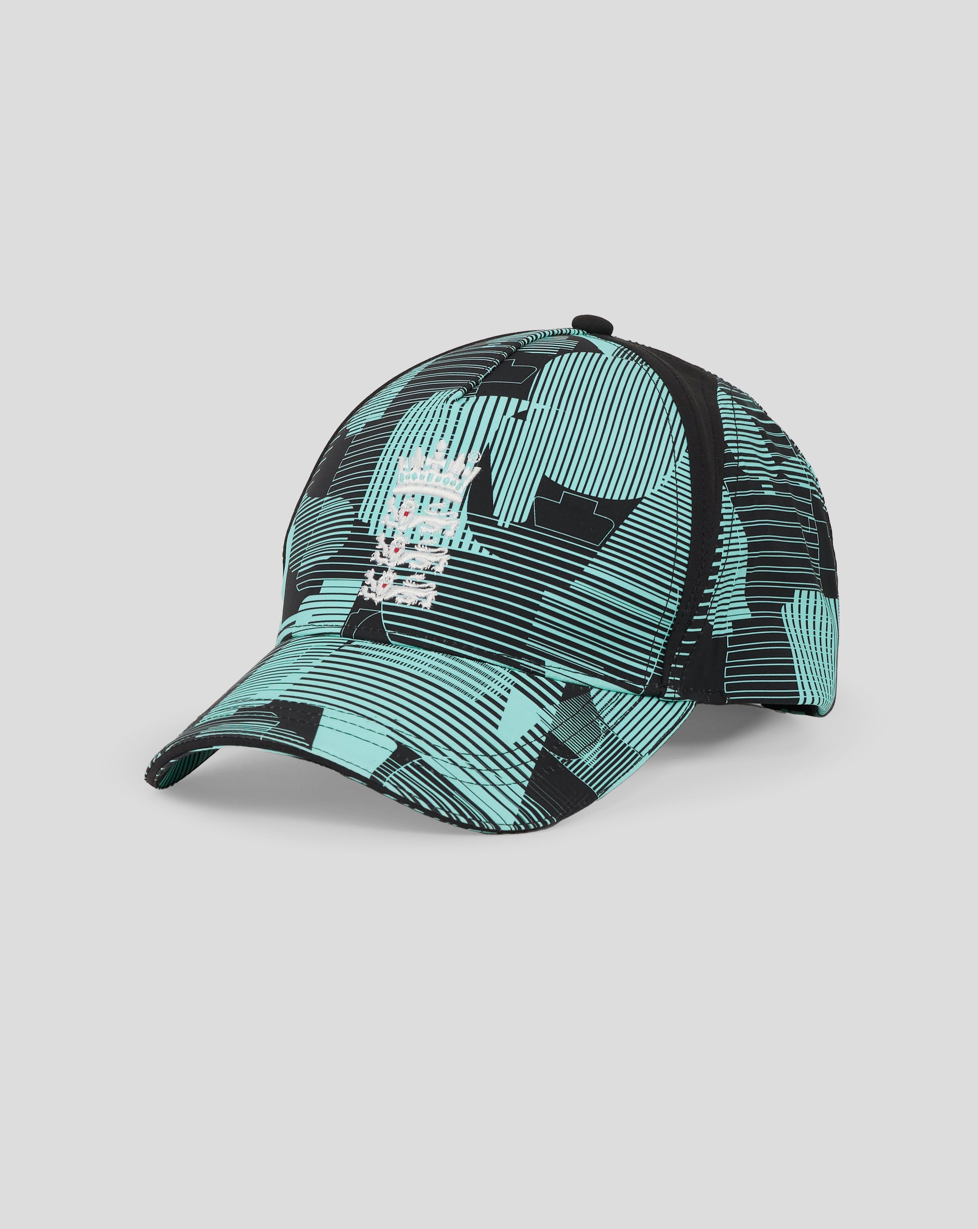 Front three quarter view of England 25/26 Ashes cap with teal and black geometric print