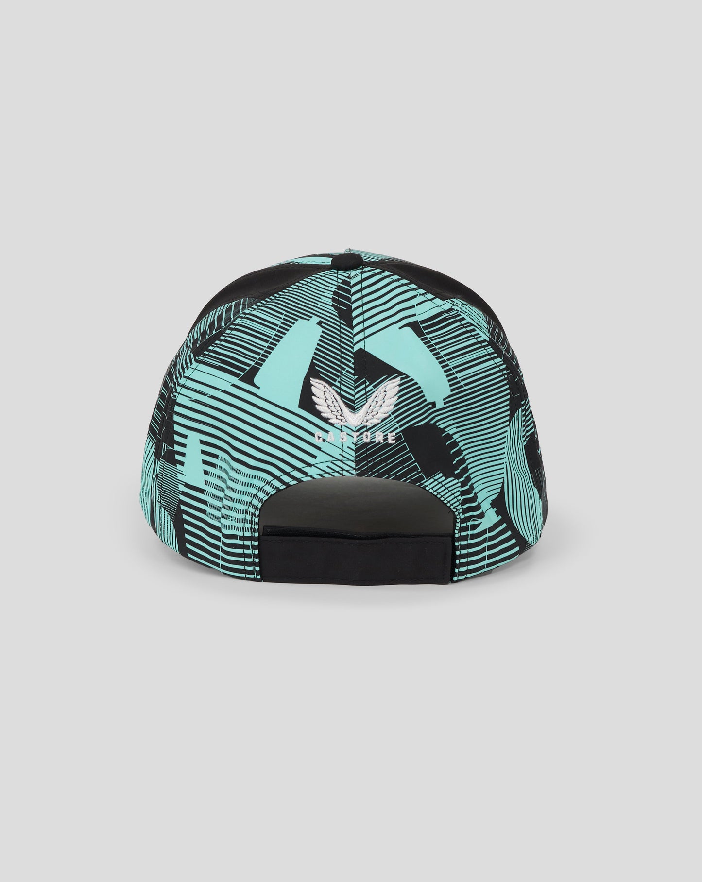 Back view of England 25/26 Ashes cap displaying teal and black pattern and adjustable strap