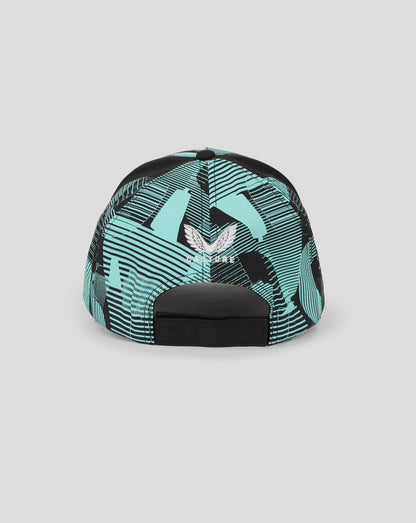 Back view of England 25/26 Ashes cap displaying teal and black pattern and adjustable strap