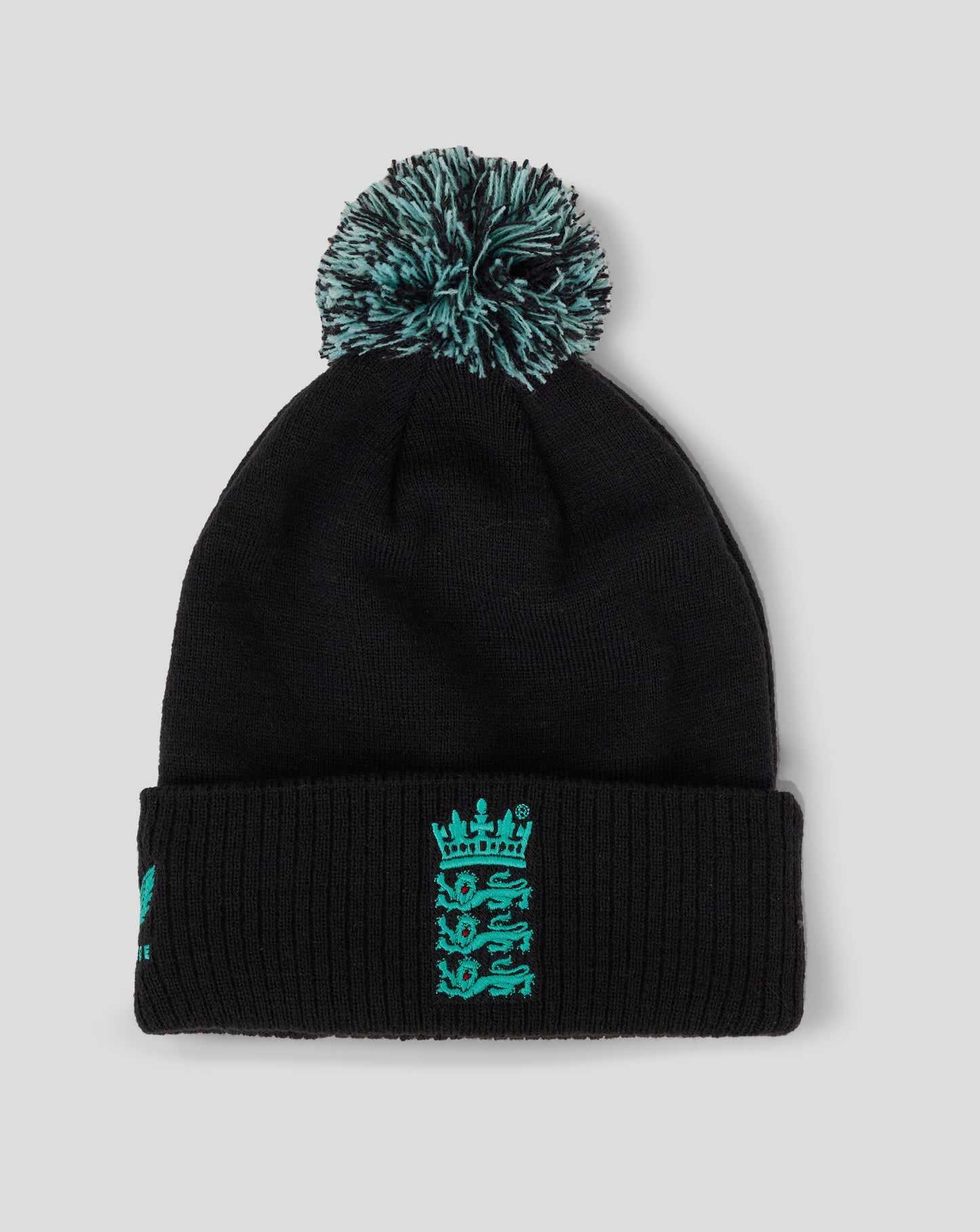 England Cricket 25/26 Ashes Training bobble hat black knit with teal pom and crest on the cuff