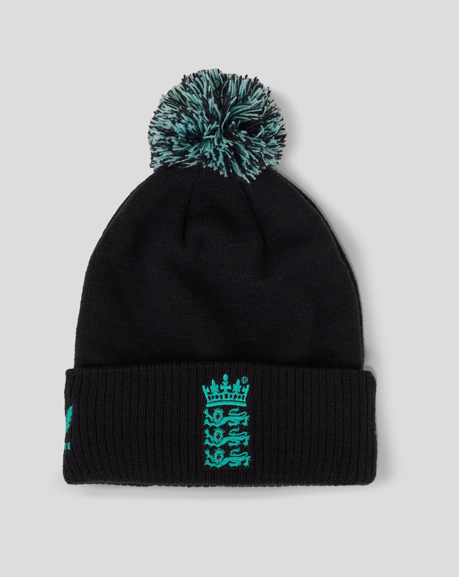England Cricket 25/26 Ashes Training bobble hat black knit with teal pom and crest on the cuff