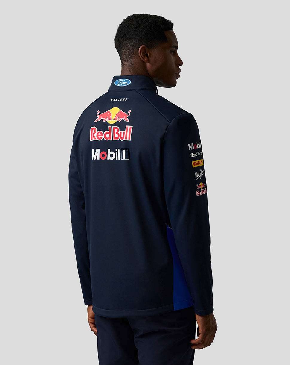 Back view of navy night sky Oracle Red Bull Racing Teamline Soft Shell Jacket with large Red Bull logo and sponsor branding.