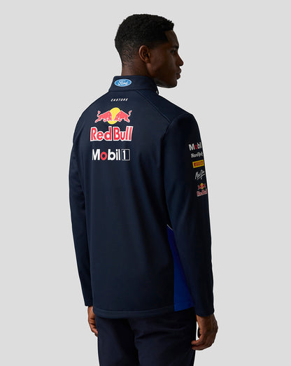Back view of navy night sky Oracle Red Bull Racing Teamline Soft Shell Jacket with large Red Bull logo and sponsor branding.