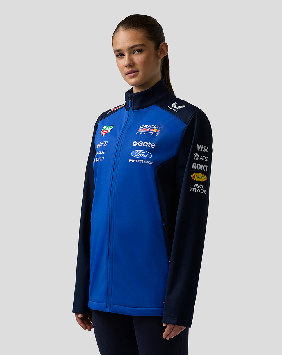 Unisex Teamline soft shell jacket in night sky with navy sleeves, full zip and side pockets with team logos.