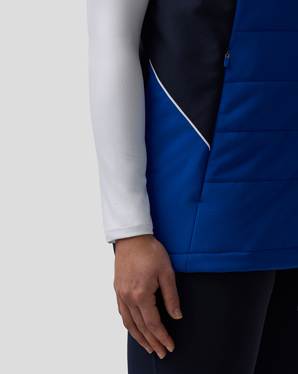 Blue Teamline Gilet side with white piping beside a white sleeve and navy panel.