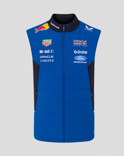 Front view of night sky blue Teamline vest with Tag Heuer and Oracle logos.