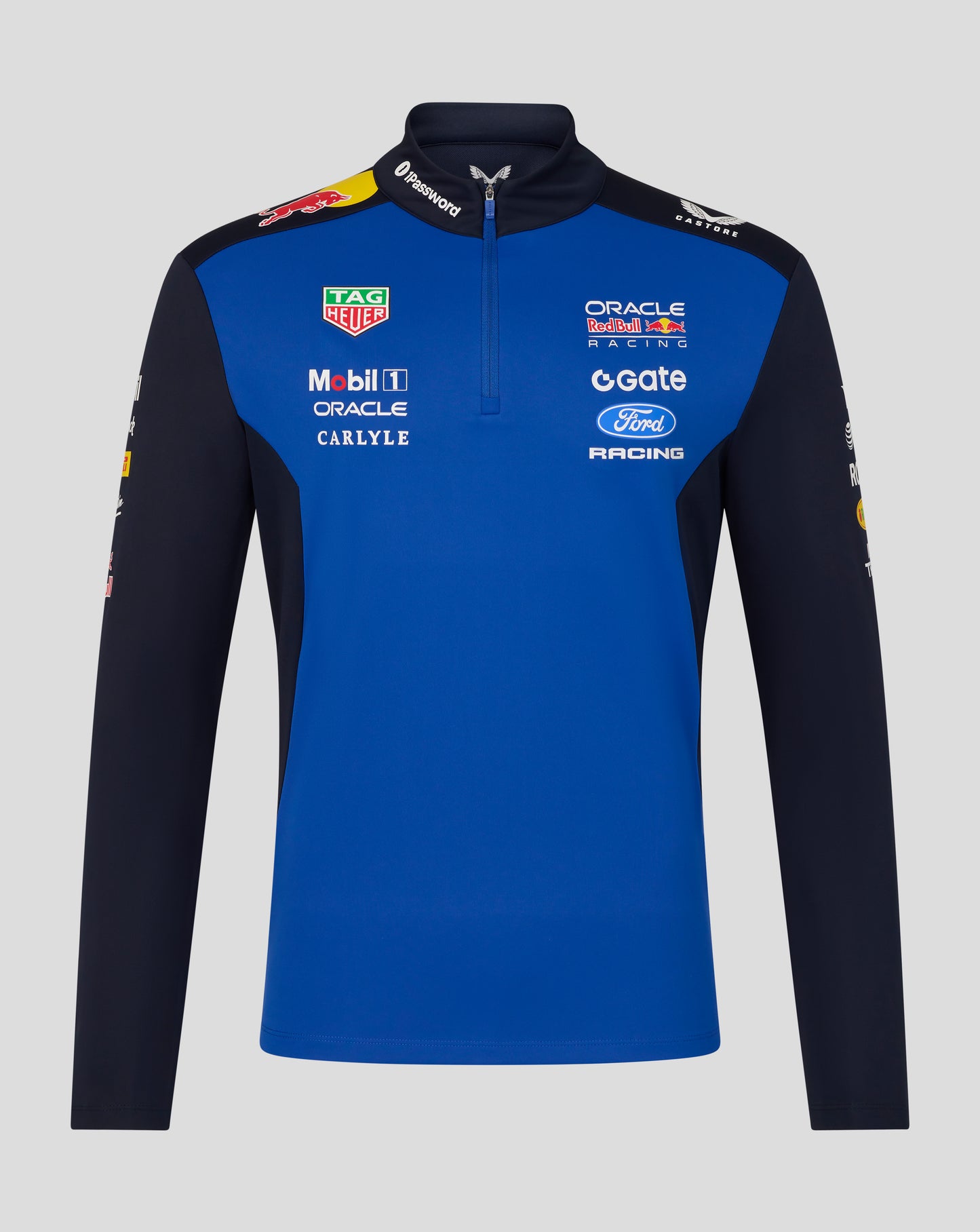 Oracle Red Bull Racing unisex Teamline Quarter Zip Midlayer in night sky blue with sponsor logos on the chest