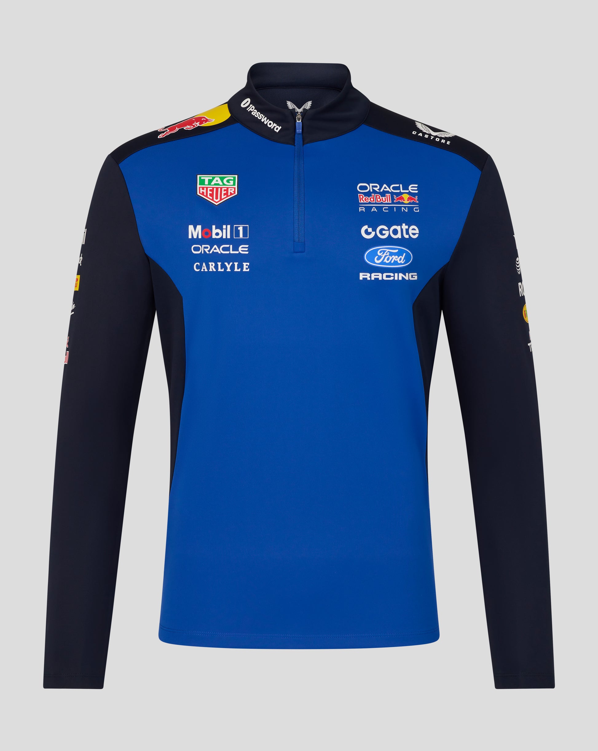 Oracle Red Bull Racing unisex Teamline Quarter Zip Midlayer in night sky blue with sponsor logos on the chest