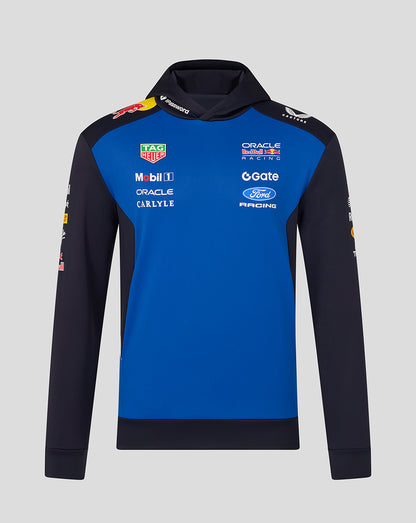 Front view of night sky blue Teamline Overhead Hoodie with black hood and sponsor logos.