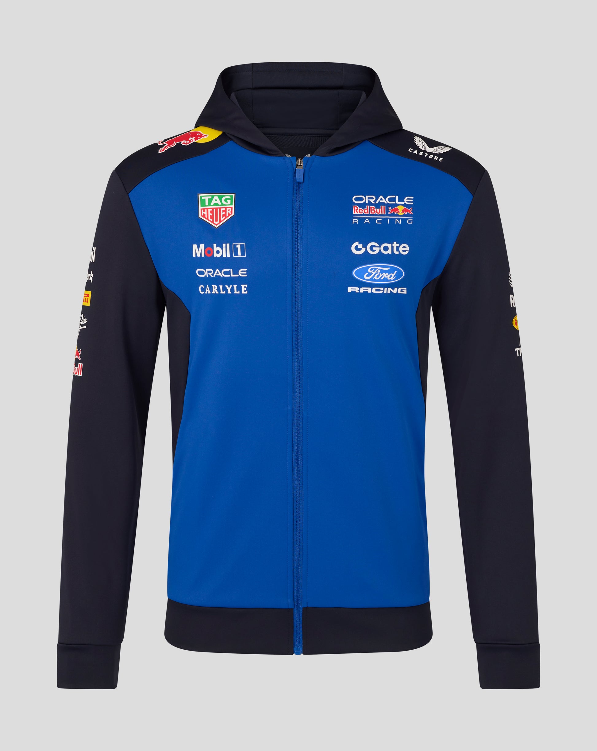 Front view of blue and black Oracle Red Bull Racing Teamline hoodie with sponsor logos on chest.