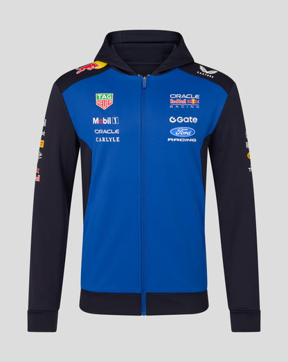 Front view of blue and black Oracle Red Bull Racing Teamline hoodie with sponsor logos on chest.