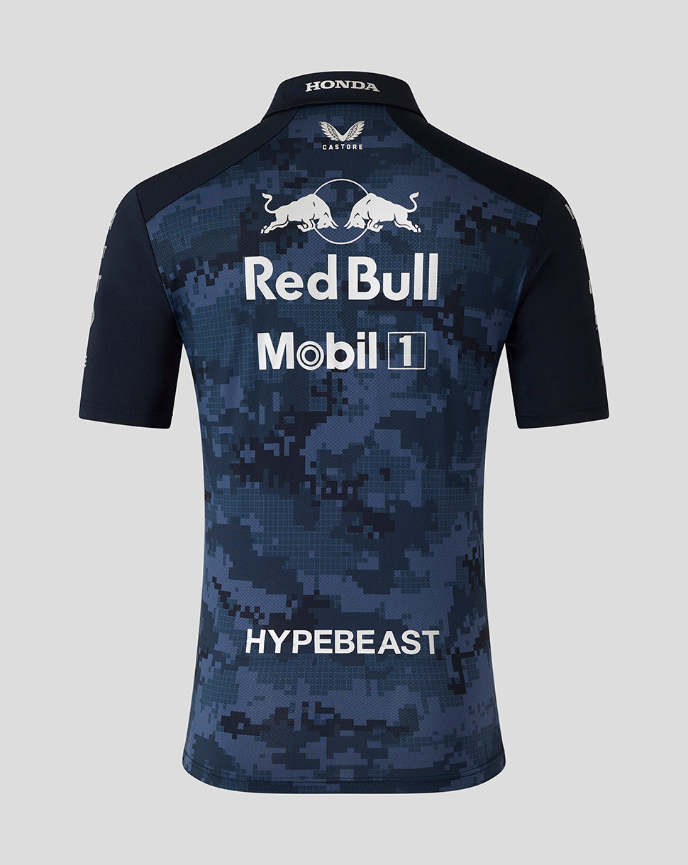 Back view of a navy camo track polo featuring Red Bull Mobil 1 branding and HYPEBEAST across the lower back.