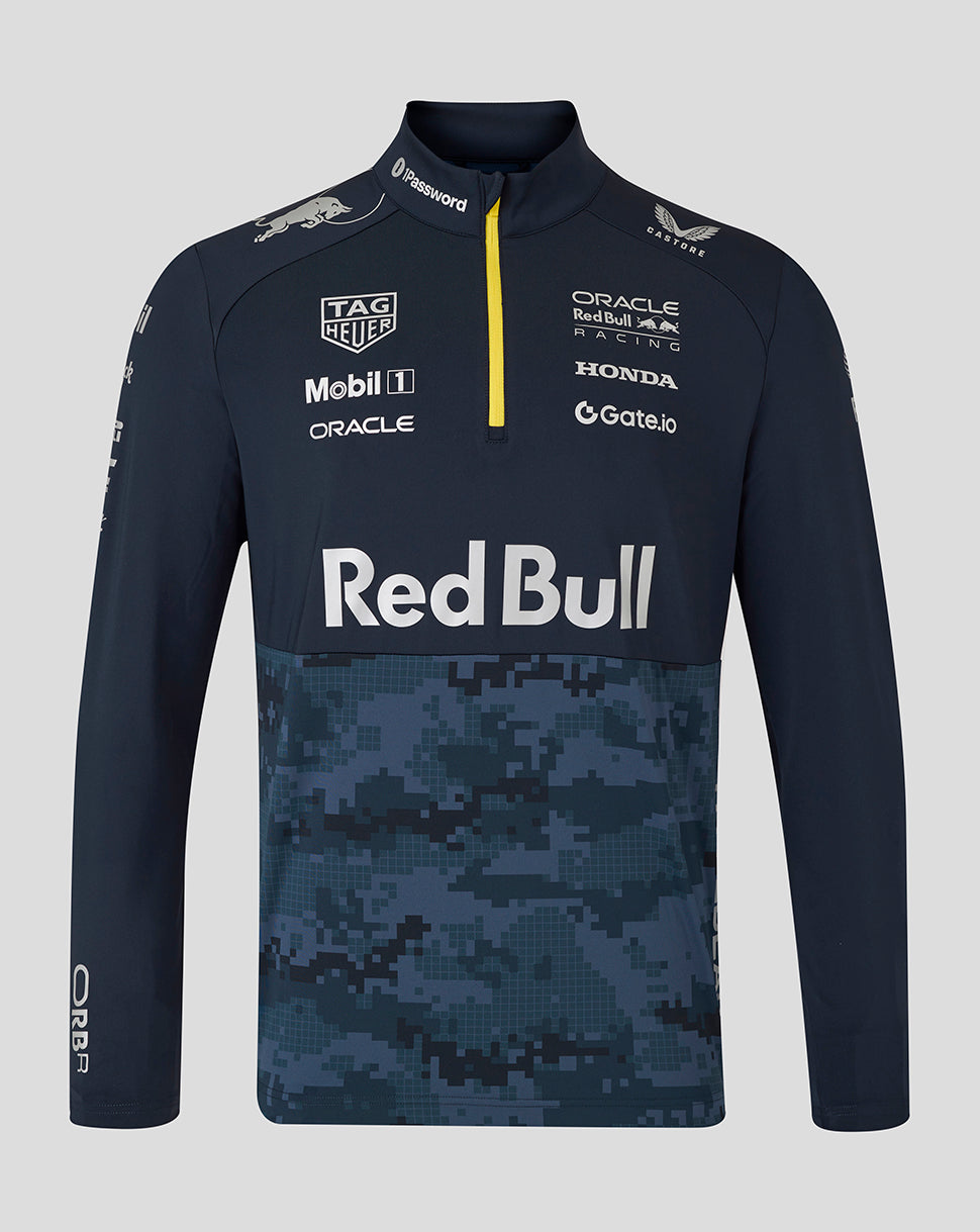 Night Sky 1/4 zip top with bright yellow zipper and Red Bull Racing branding over a pixelated camo panel