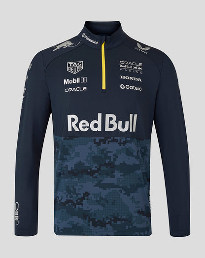 Night Sky 1/4 zip top with bright yellow zipper and Red Bull Racing branding over a pixelated camo panel