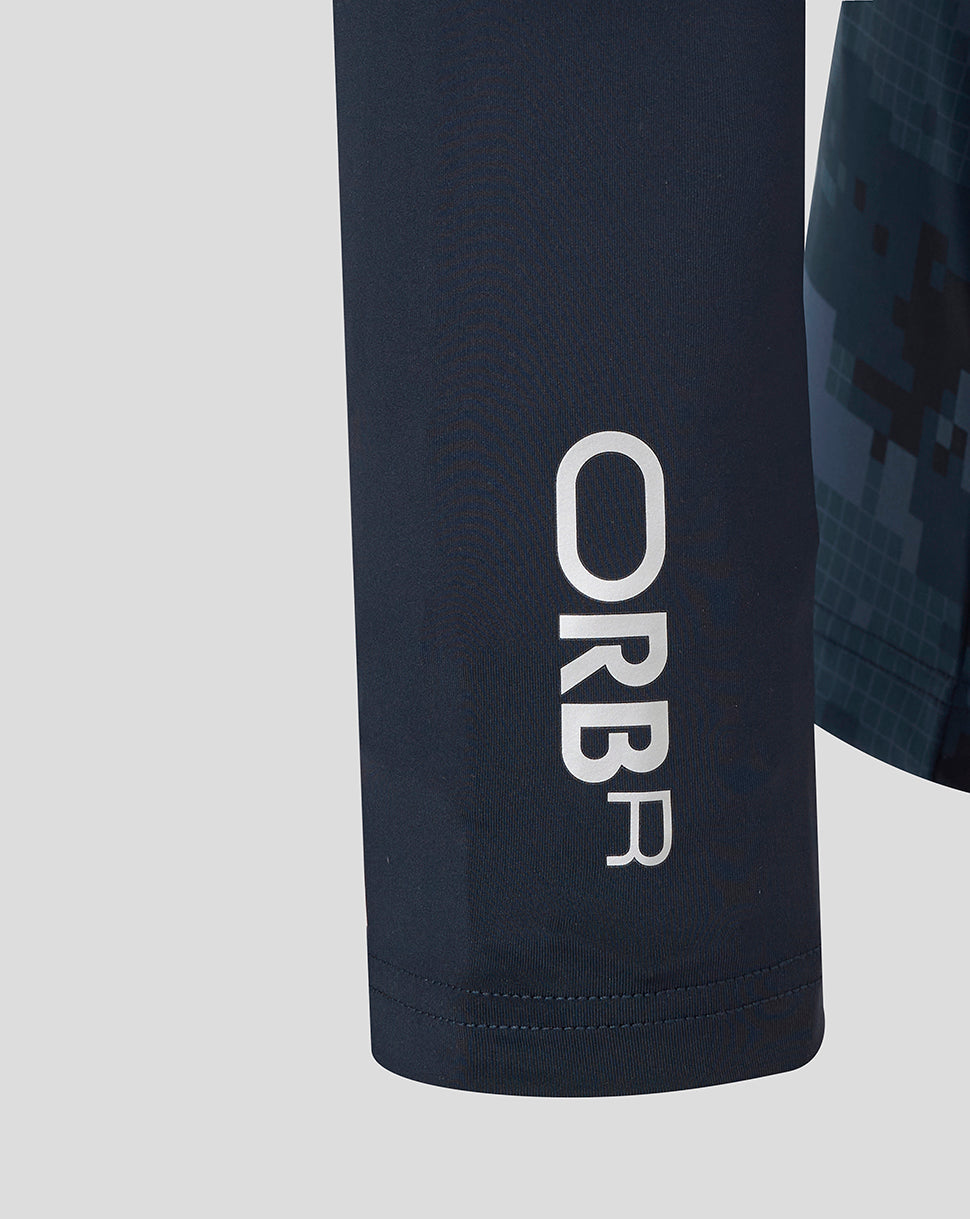 Navy sleeve close up of Oracle Red Bull Racing x Hypebeast kit with white ORBR branding running vertically