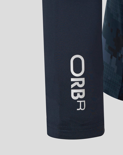 Navy sleeve close up of Oracle Red Bull Racing x Hypebeast kit with white ORBR branding running vertically