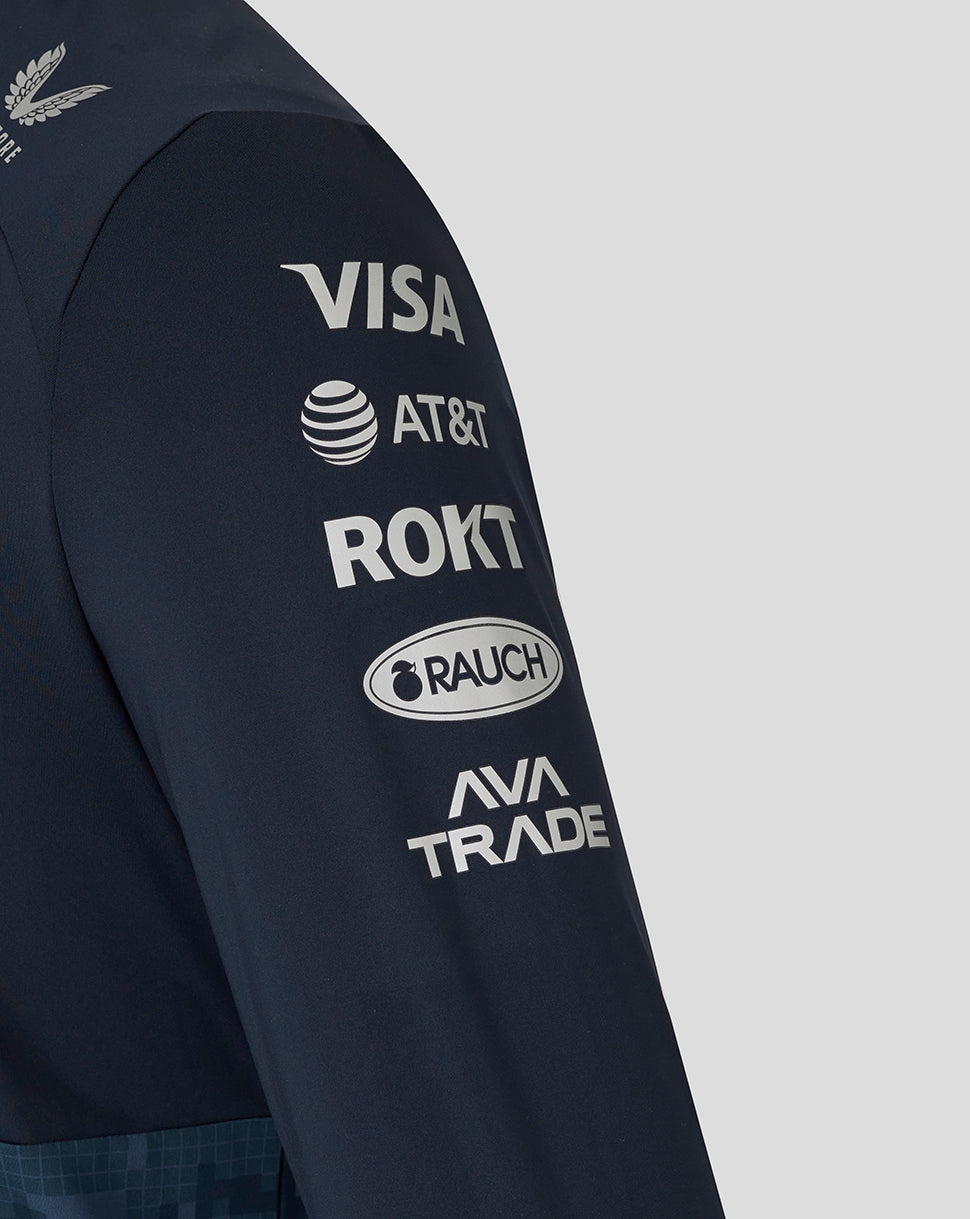 Close up of the navy team kit sleeve with sponsor logos Visa AT&T ROKT Rauch and AVA TRADE
