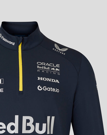 Close up of the navy team kit chest with sponsor logos and a bright yellow zip.