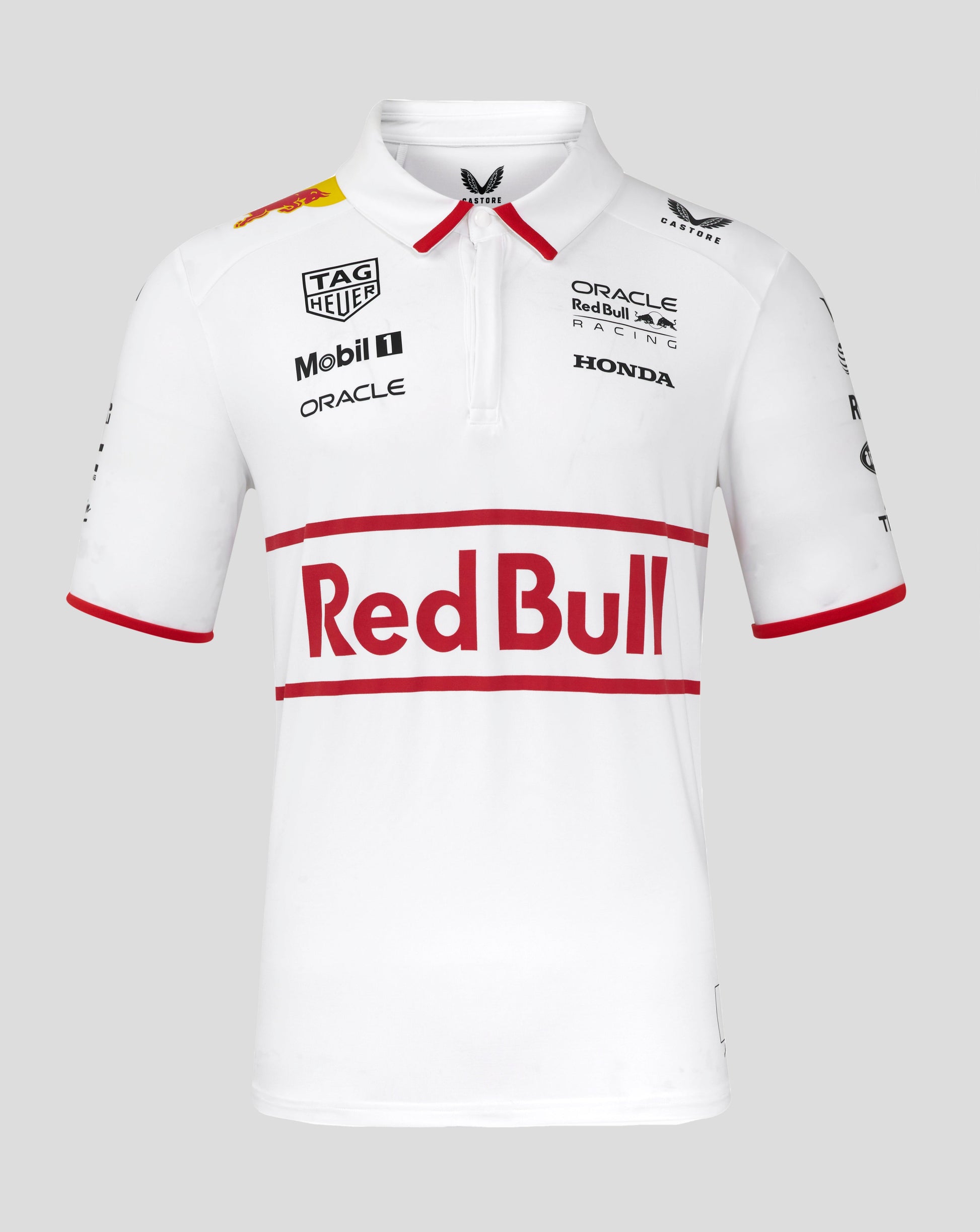 Back view of white track polo with collar and sponsor logos across the back and shoulders.