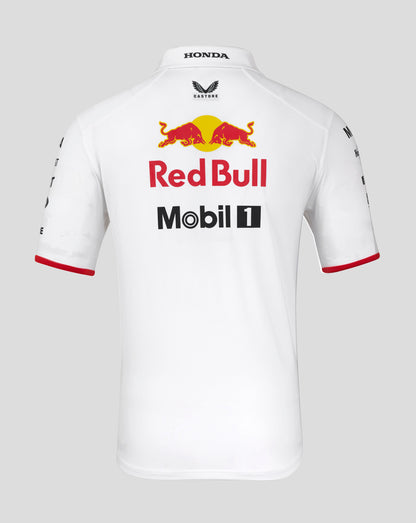 Back view of white Red Bull Racing polo featuring large Red Bull graphic and Mobil 1 branding.
