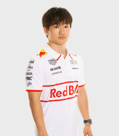 Male model wearing white Oracle Red Bull Racing Japan Special Track Polo featuring team branding