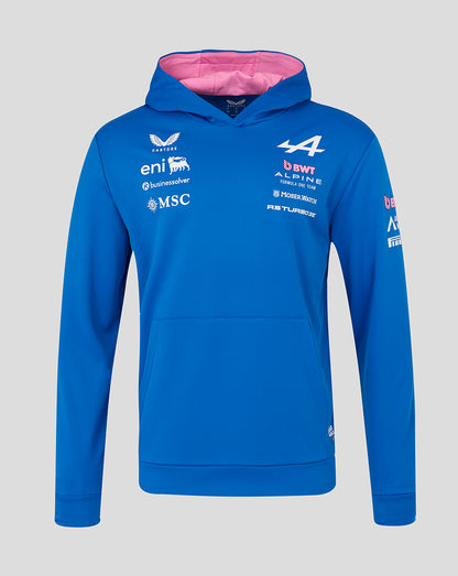 Blue unisex BWT Alpine Formula One Team pullover hoodie with pink hood lining, chest and sleeve logos, and a kangaroo pocket