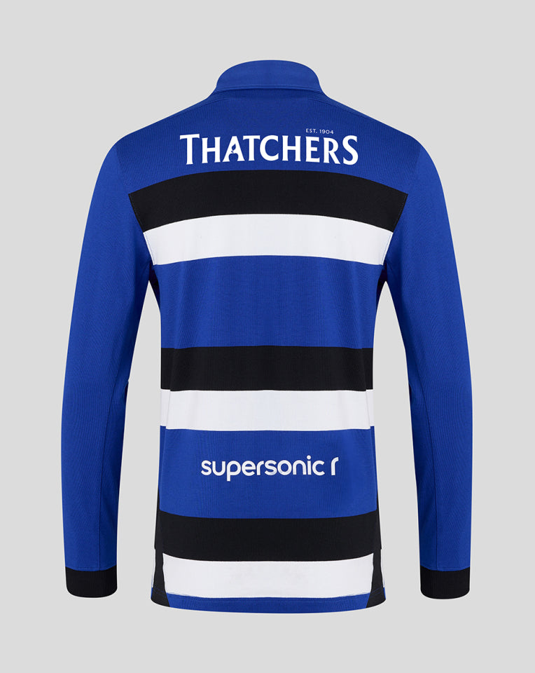 Back view of Bath Rugby Home Shirt in blue with white and black horizontal stripes and Thatchers logo