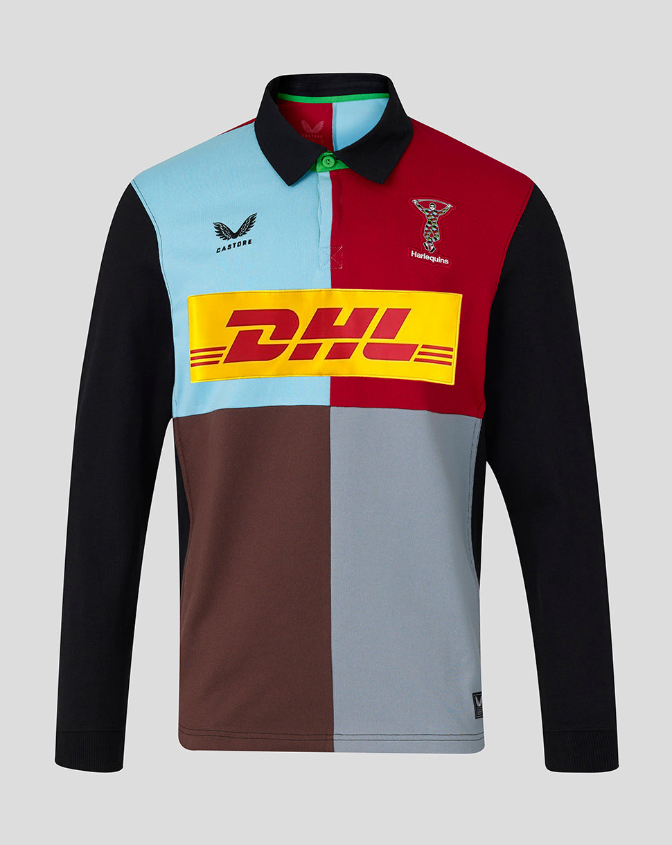 Harlequins Home Classic Long Sleeve Shirt with patchwork color blocks a polo collar club crest and DHL logo