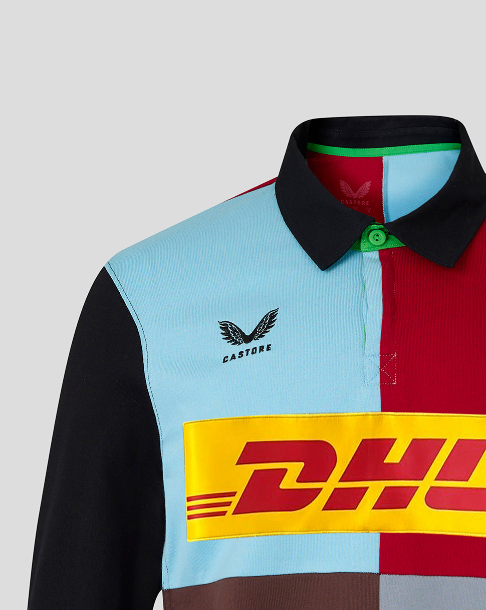 Harlequins Home Classic Long Sleeve Shirt with blue and red quartered panels and DHL sponsor across the chest