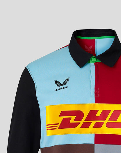 Harlequins Home Classic Long Sleeve Shirt with blue and red quartered panels and DHL sponsor across the chest