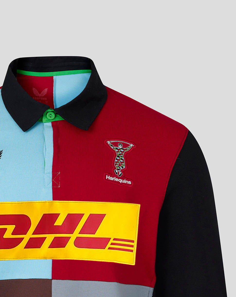 Harlequins Home Classic Long Sleeve Shirt close-up of red chest panel with embroidered Harlequins crest