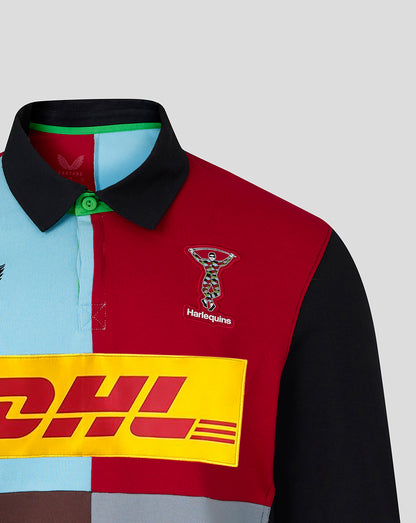 Harlequins Home Classic Long Sleeve Shirt close-up of red chest panel with embroidered Harlequins crest