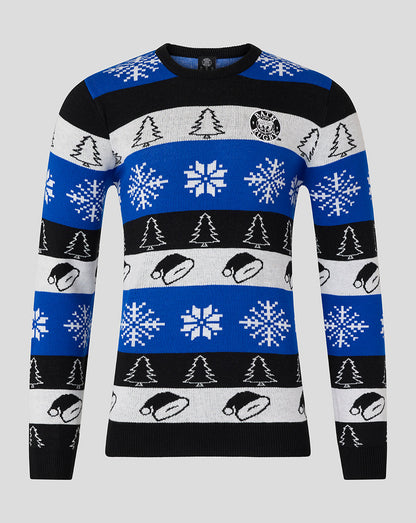 Bath Rugby Christmas jumper featuring bold horizontal blue black and white stripes with snowflakes trees and a Bath Rugby badge