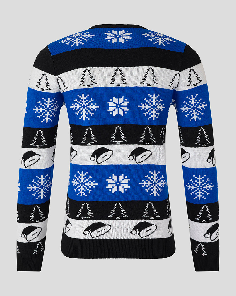 Back view of Bath Rugby Christmas jumper with blue black white stripes snowflakes trees and round emblem