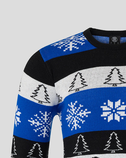 Close-up of Bath Rugby Christmas jumper knit showing the blue stripe snowflakes and tree motifs on black and white bands