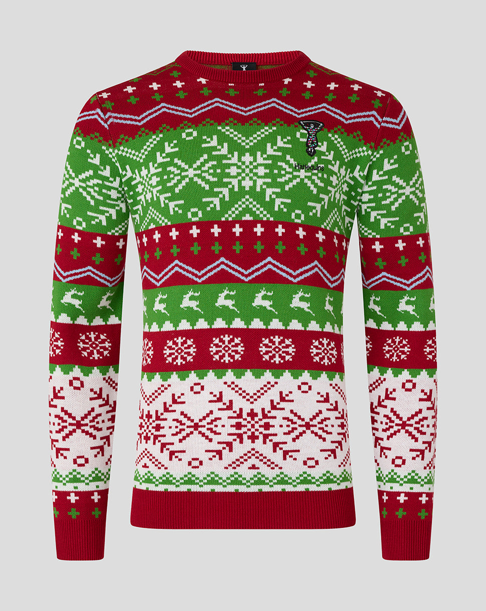 Front view of Harlequins Christmas jumper in red green and white with Nordic patterns.