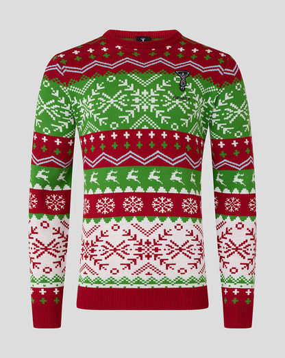 Front view of Harlequins Christmas jumper in red green and white with Nordic patterns.